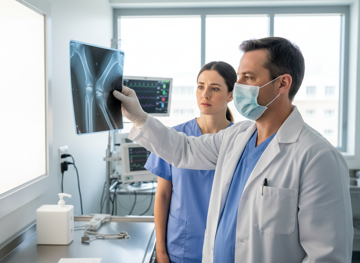 A doctor examining an X-ray of a broken bone in a bright clinical setting