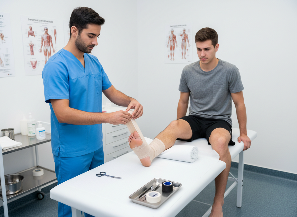 A medical professional wrapping a patient's sprained ankle in a clinical setting