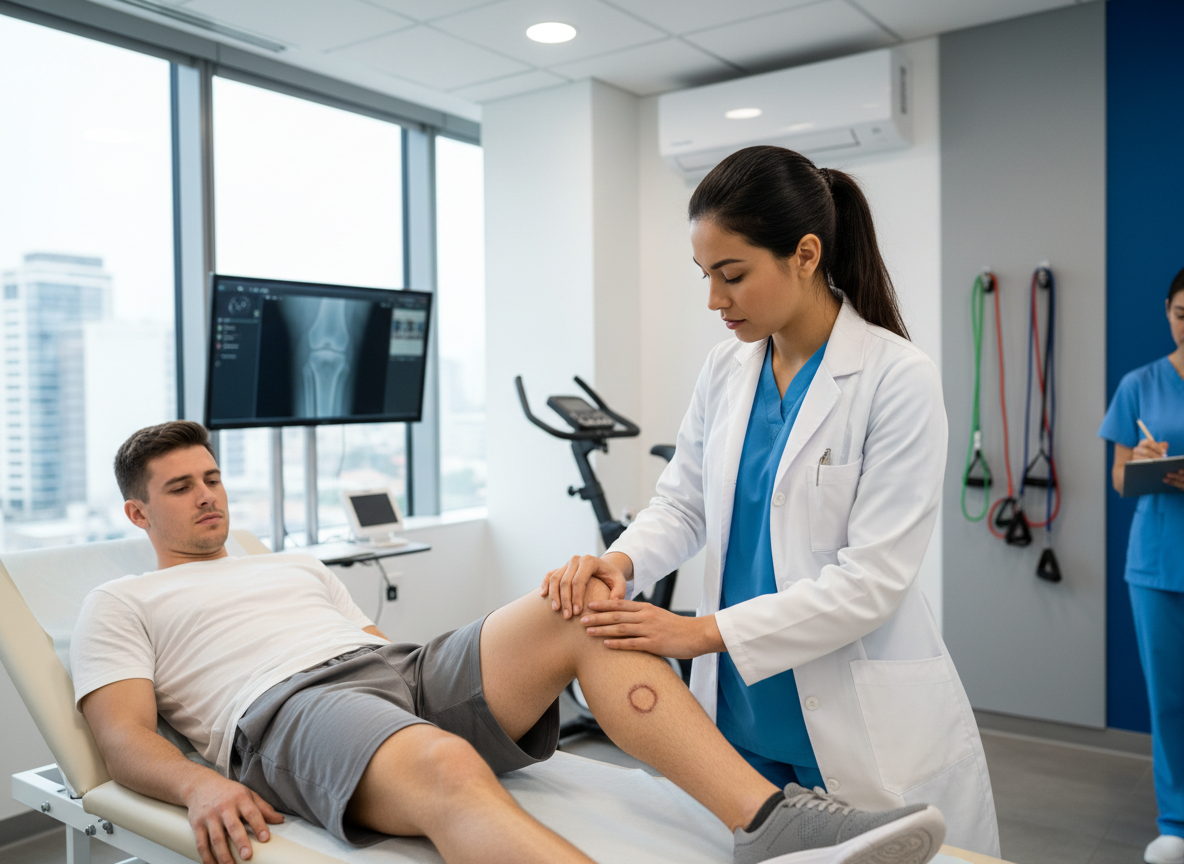 A sports medicine doctor evaluating a patient's knee injury in a modern orthopedic clinic