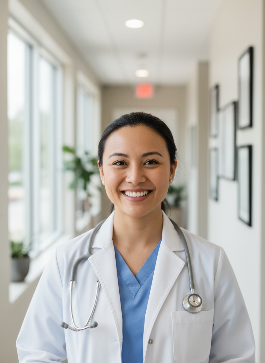 A professional medical portrait photo of a friendly doctor in a white coat and stethoscope, smiling warmly at the camera, clean clinic background, bright natural lighting, realistic photography style
