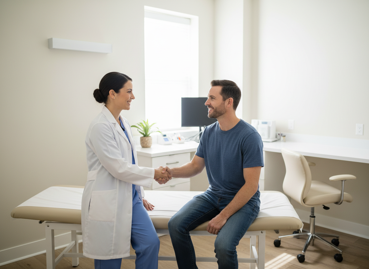 A doctor in a white coat shaking hands with a patient in a bright, modern clinic exam room.