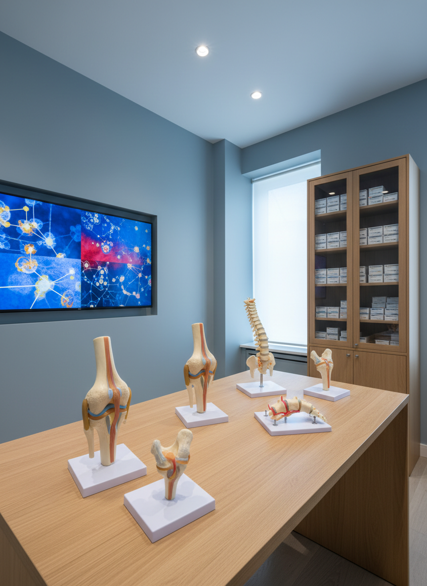 A rheumatology-focused exam and consultation space in photographic realism, with a central light oak table displaying detailed, non-human anatomical models of joints and vertebrae made from semi-translucent resin, showcasing subtle surface textures and articulation points. Nearby, a high-resolution, wall-mounted display shows blurred, colorful images suggesting joint scans, inflammation patterns, and treatment pathways, with no readable text. The walls are soft slate blue, and a tall cabinet holds neatly arranged, labeled containers. Gentle overhead lighting mixed with cool daylight from a side window casts clean, controlled shadows, emphasizing detail without harshness. Shot from a slightly elevated, wide-angle perspective, the scene feels analytical yet caring, underscoring long-term joint health management and evidence-based rheumatologic care.