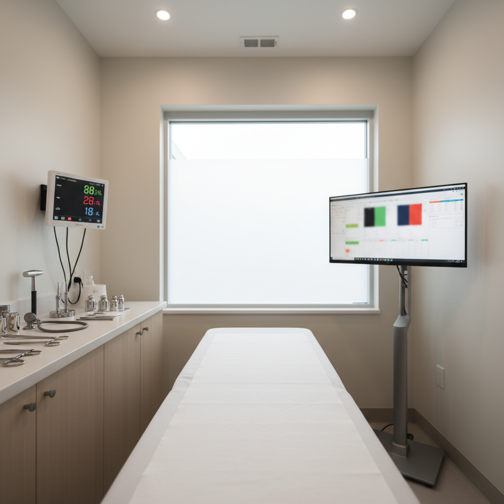 A close-up, photographic image of a neatly organized primary care exam room featuring a spotless examination table with crisp white paper, a wall-mounted digital vital signs monitor, and neatly arranged stainless-steel instruments on a pale wood counter. A modern computer workstation with a large, slim monitor shows a softly blurred interface that implies patient charts and easy scheduling options without readable text. Natural, overcast light filters through a partially frosted window, balanced by soft ceiling lights, casting even illumination and minimal shadows. Framed at a slightly elevated angle with a clean, symmetrical composition, the scene feels professional, calm, and trustworthy, ideal for conveying comprehensive, patient-centered primary care.